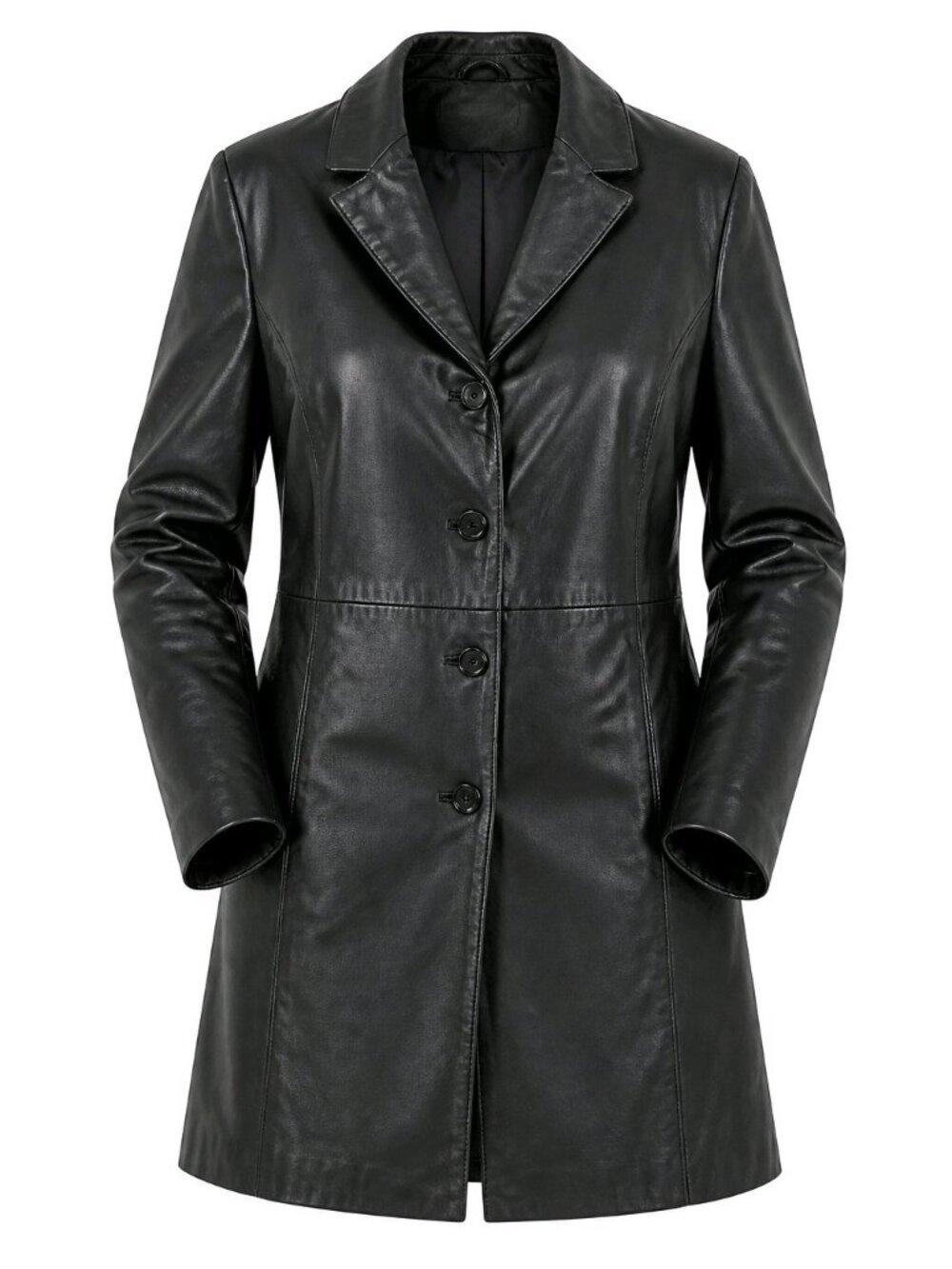 Vintage Retro Black Lambskin Leather Button Front Mid Length Coat Jacket XL